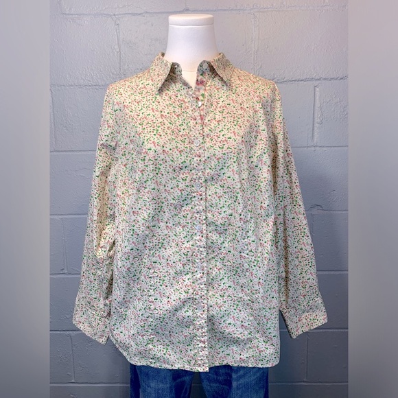 Talbots Tops - Talbots Cream Pink Floral Long Sleeve Button Down Shirt Women's Size 14 Petite